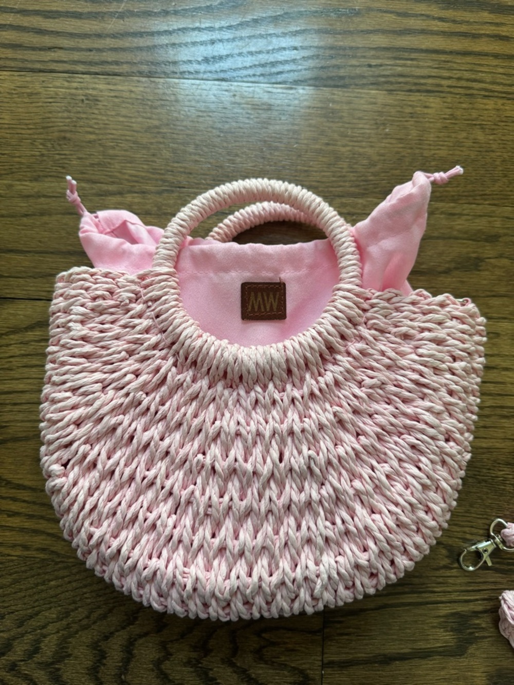 Pink Woven Straw Mini Bag Tassel Pom Pom Top Handle Crossbody - Picture 4 of 5